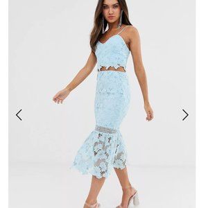 Love Triangle cami strap cut work lace crop top and matching midi skirt